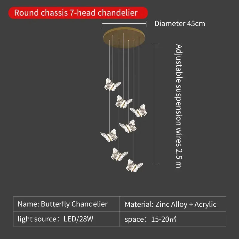 Elegant gold crystal butterfly ladder pendant lights for stairs