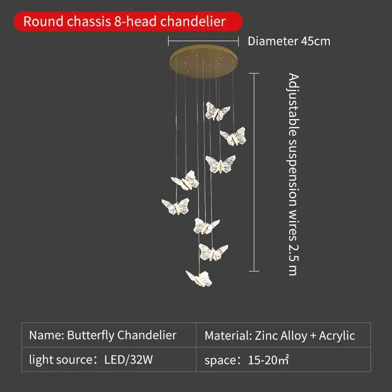 Elegant gold crystal butterfly ladder pendant lights for stairs