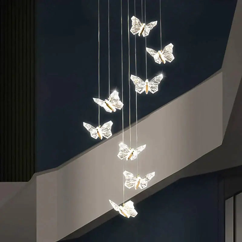 Elegant gold crystal butterfly ladder pendant lights for stairs