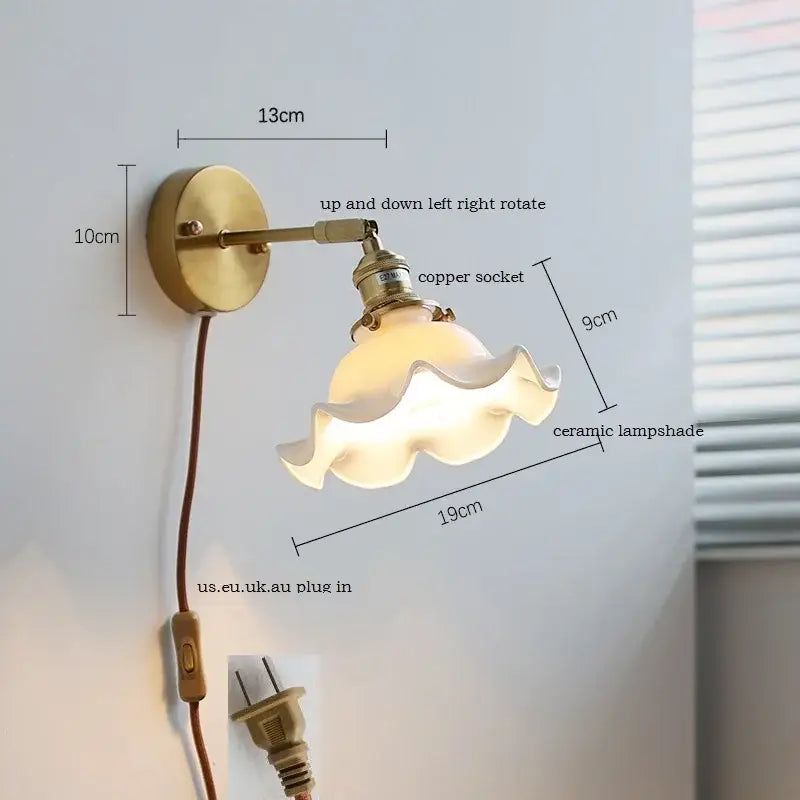Elegant gold ruffled ceramic led wall light bedroom sconce