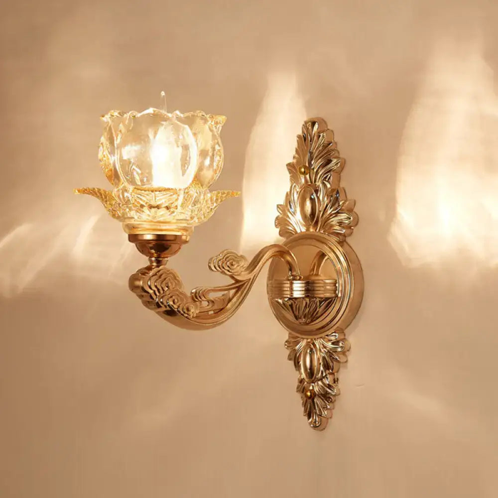 Elegant gold scrolled arm wall mount sconce bedroom crystal light
