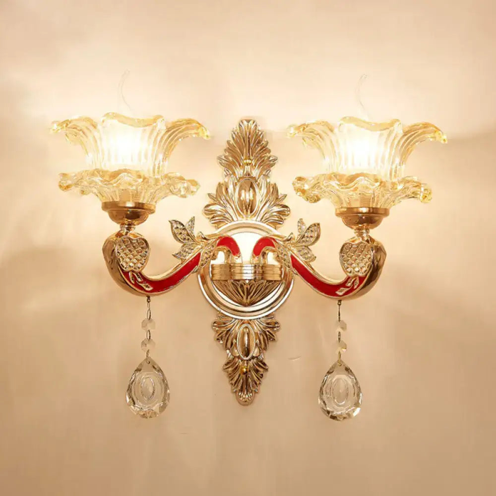 Elegant gold scrolled arm wall mount sconce bedroom crystal light