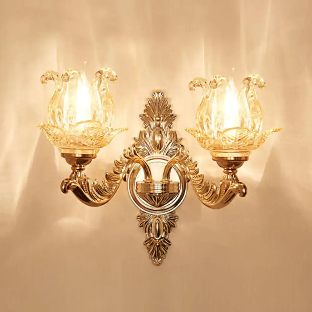 Elegant gold scrolled arm wall mount sconce bedroom crystal light