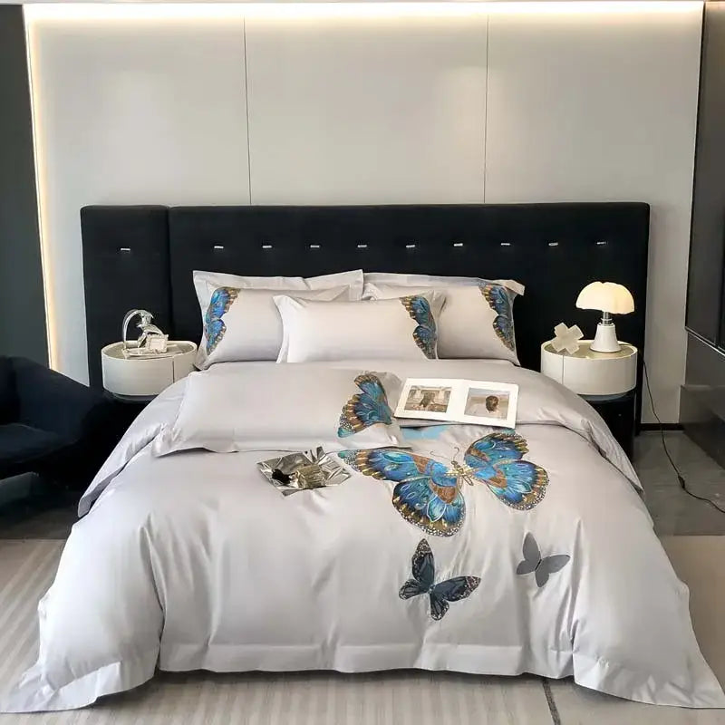 Elegant gray butterfly embroidery bedding set bedroom linens