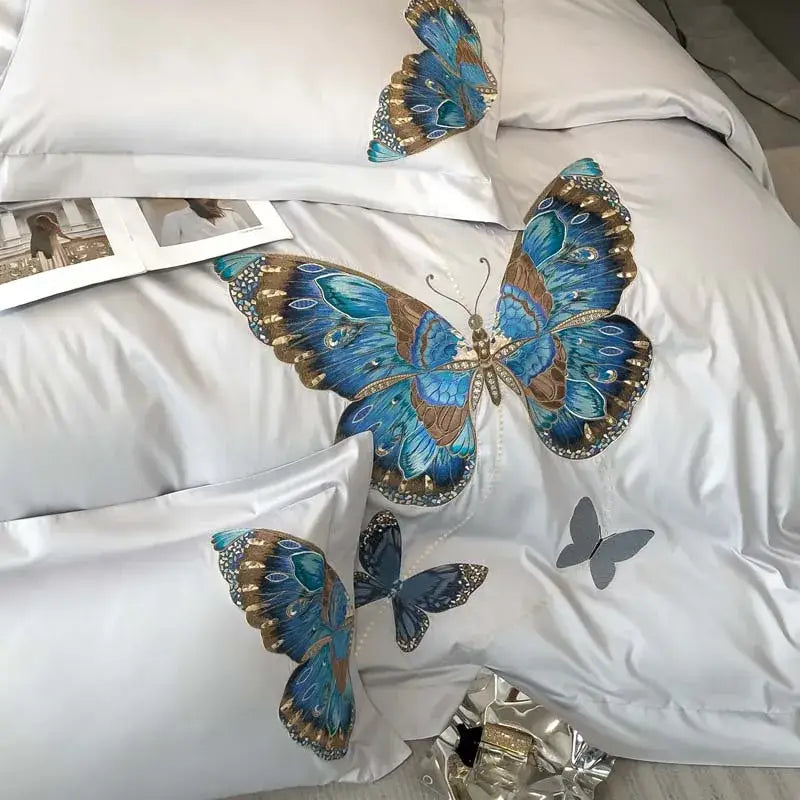Elegant gray butterfly embroidery bedding set bedroom linens