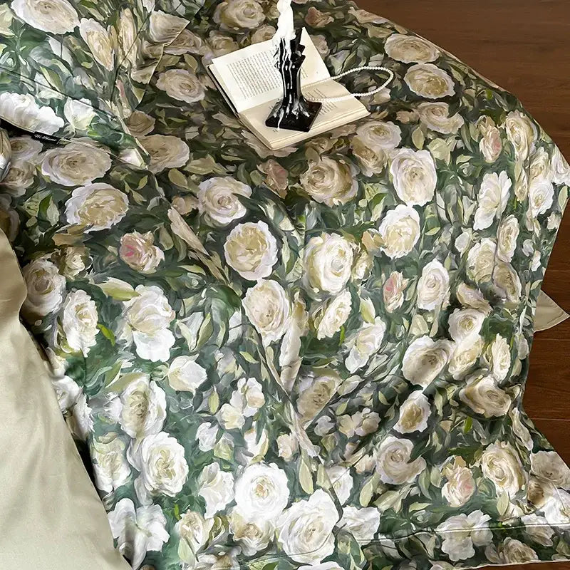 Elegant green & white rose 1000tc egyptian cotton bedding set bedroom