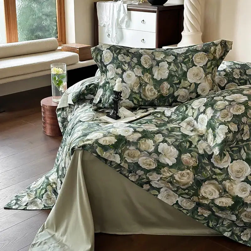 Elegant green & white rose 1000tc egyptian cotton bedding set bedroom