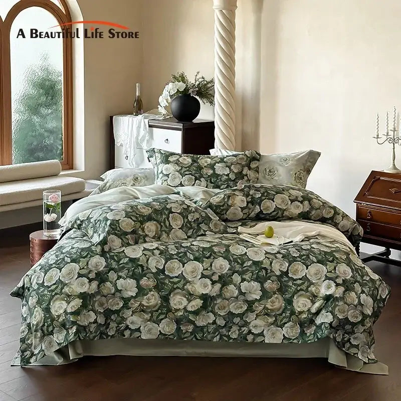 Elegant green & white rose 1000tc egyptian cotton bedding set bedroom