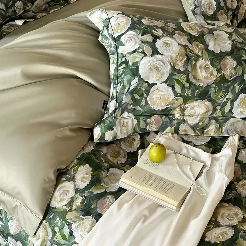 Elegant green & white rose 1000tc egyptian cotton bedding set bedroom