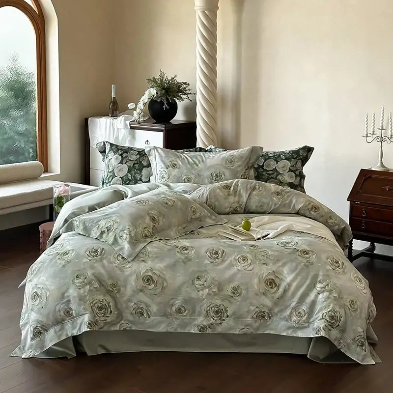 Elegant green & white rose 1000tc egyptian cotton bedding set bedroom