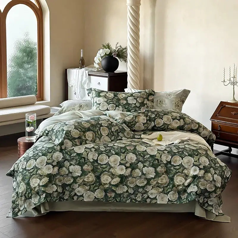 Elegant green & white rose 1000tc egyptian cotton bedding set bedroom