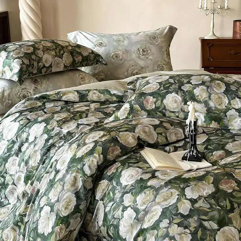 Elegant green & white rose 1000tc egyptian cotton bedding set bedroom