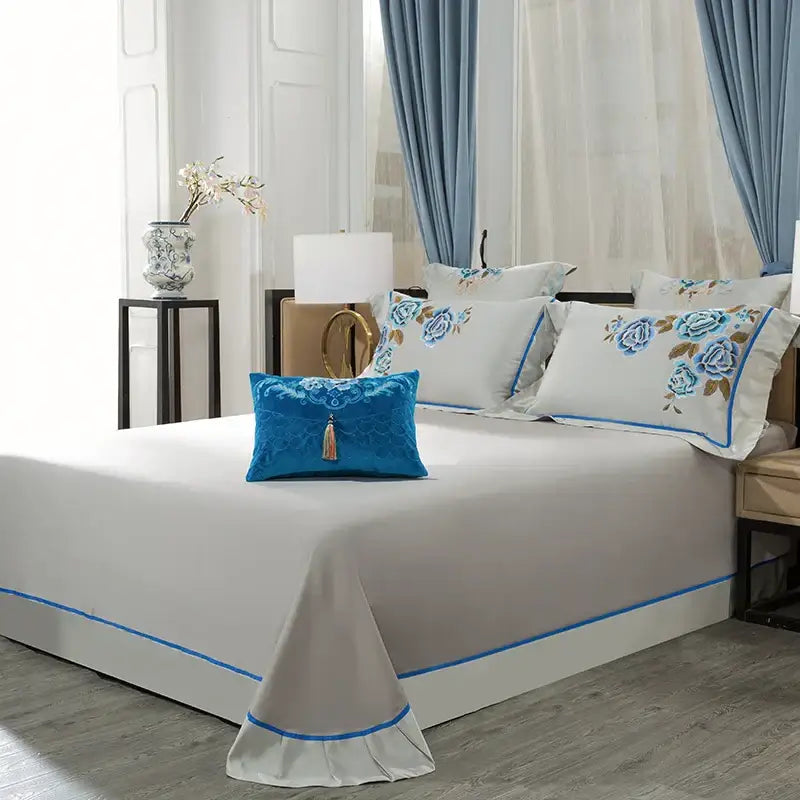 Elegant ivory & royal blue 200s embroidery egyptian cotton bedding set
