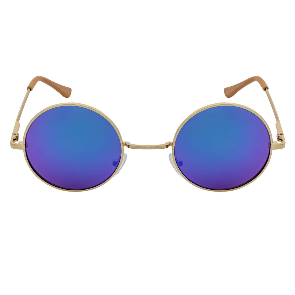 ELTON - Retro Small Metal Circle Round Sunglasses Gold Green Mirror