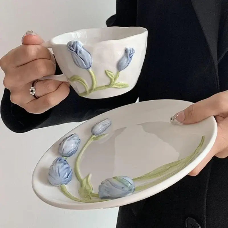 Embossed tulip ceramic cup and saucer set dining room kitchen decor