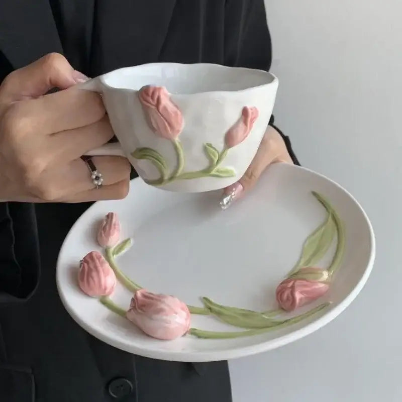 Embossed tulip ceramic cup and saucer set dining room kitchen decor