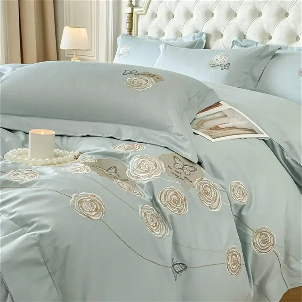 Embroidered blue butterfly flower egyptian cotton duvet cover set bedroom