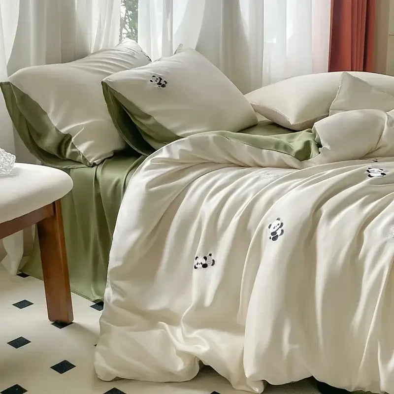 Embroidered cream satin ice silk bedding sets for bedroom sleep
