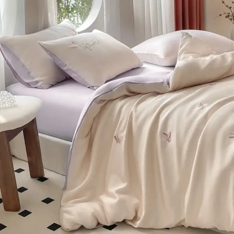 Embroidered cream satin ice silk bedding sets for bedroom sleep