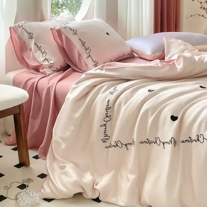Embroidered cream satin ice silk bedding sets for bedroom sleep