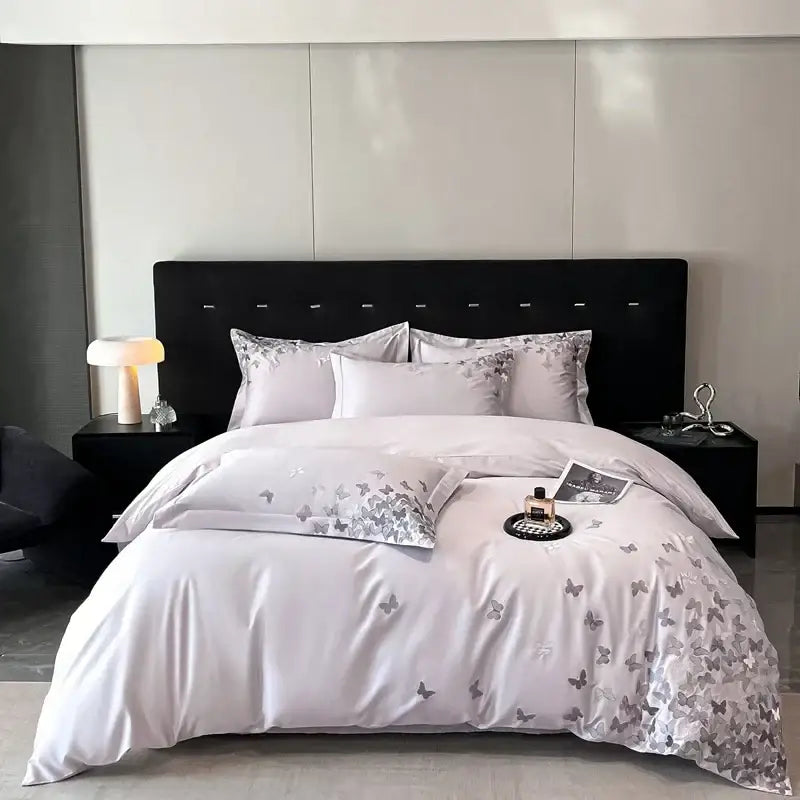Embroidered light blue butterflies bedding set for bedroom