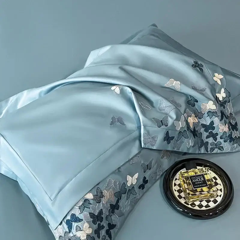 Embroidered light blue butterflies bedding set for bedroom