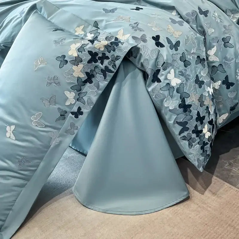 Embroidered light blue butterflies bedding set for bedroom