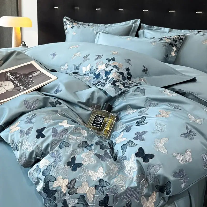 Embroidered light blue butterflies bedding set for bedroom