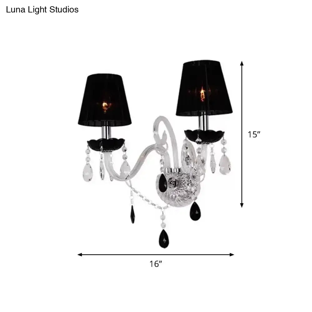 European black crystal wall sconce with pleated linen shade bedroom