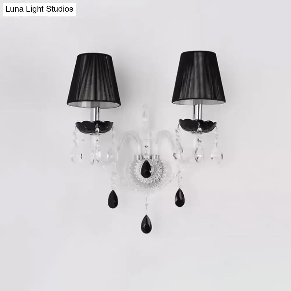 European black crystal wall sconce with pleated linen shade bedroom