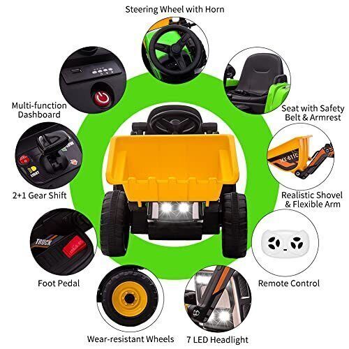 Excavate Fun with Our 12V Electric Ride-On Digger Truck for Kids - 3 Speeds, 7-LED Lights