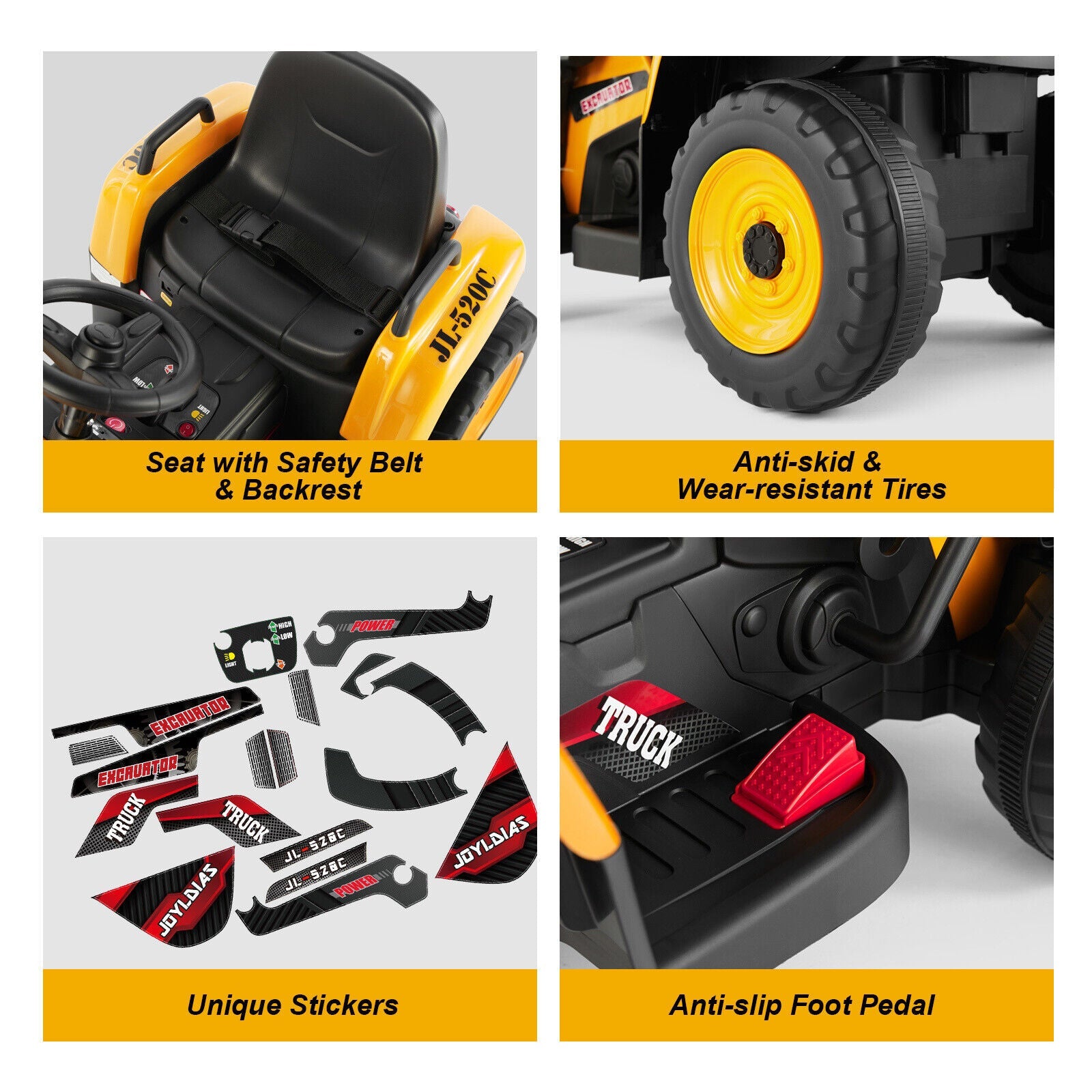 Electric Ride-On Excavator Digger with Bluetooth Music and Remote Control - 3 Speeds, Yellow