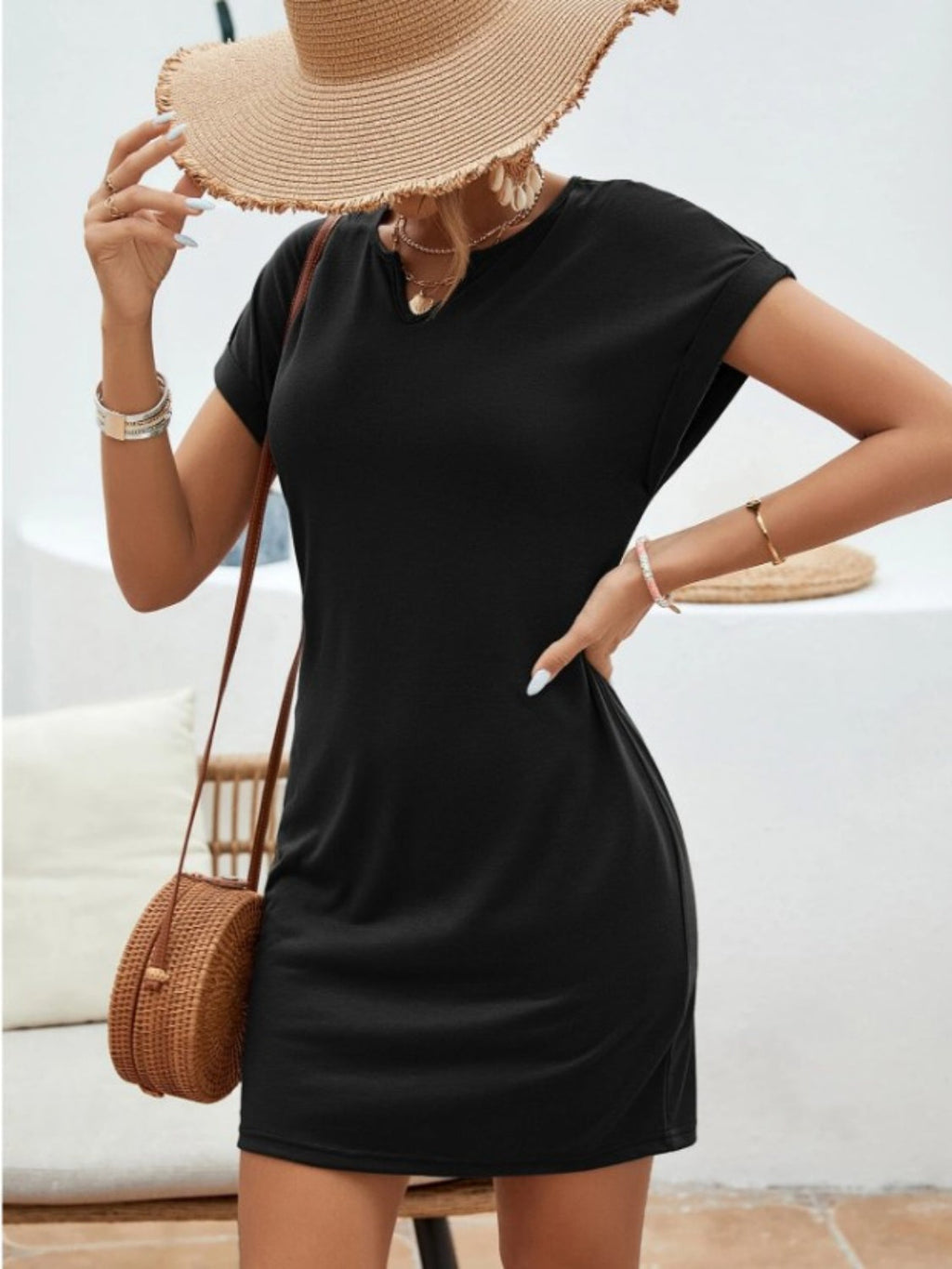 Notched Sleeve Mini Dress