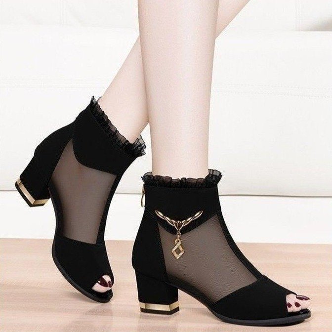 Women's Sexy Frill Hollow Ankle Boots Chunky All Matching