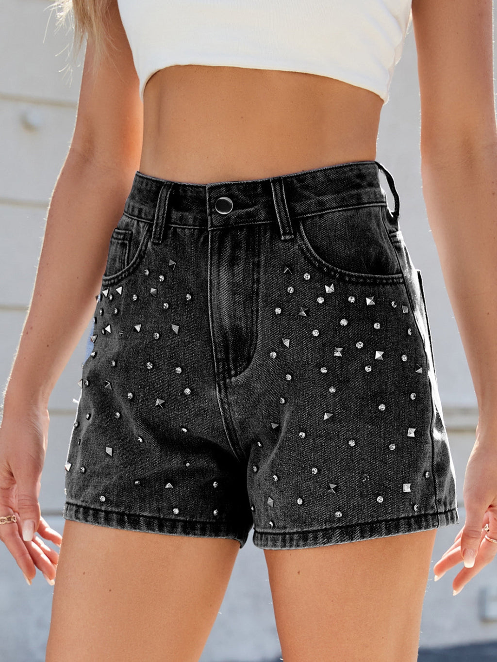 Rhinestone Washed High Waist Denim Bottoms
