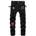 Men's Black Designer Patched Pants High Quality Fabric Slim-fitting