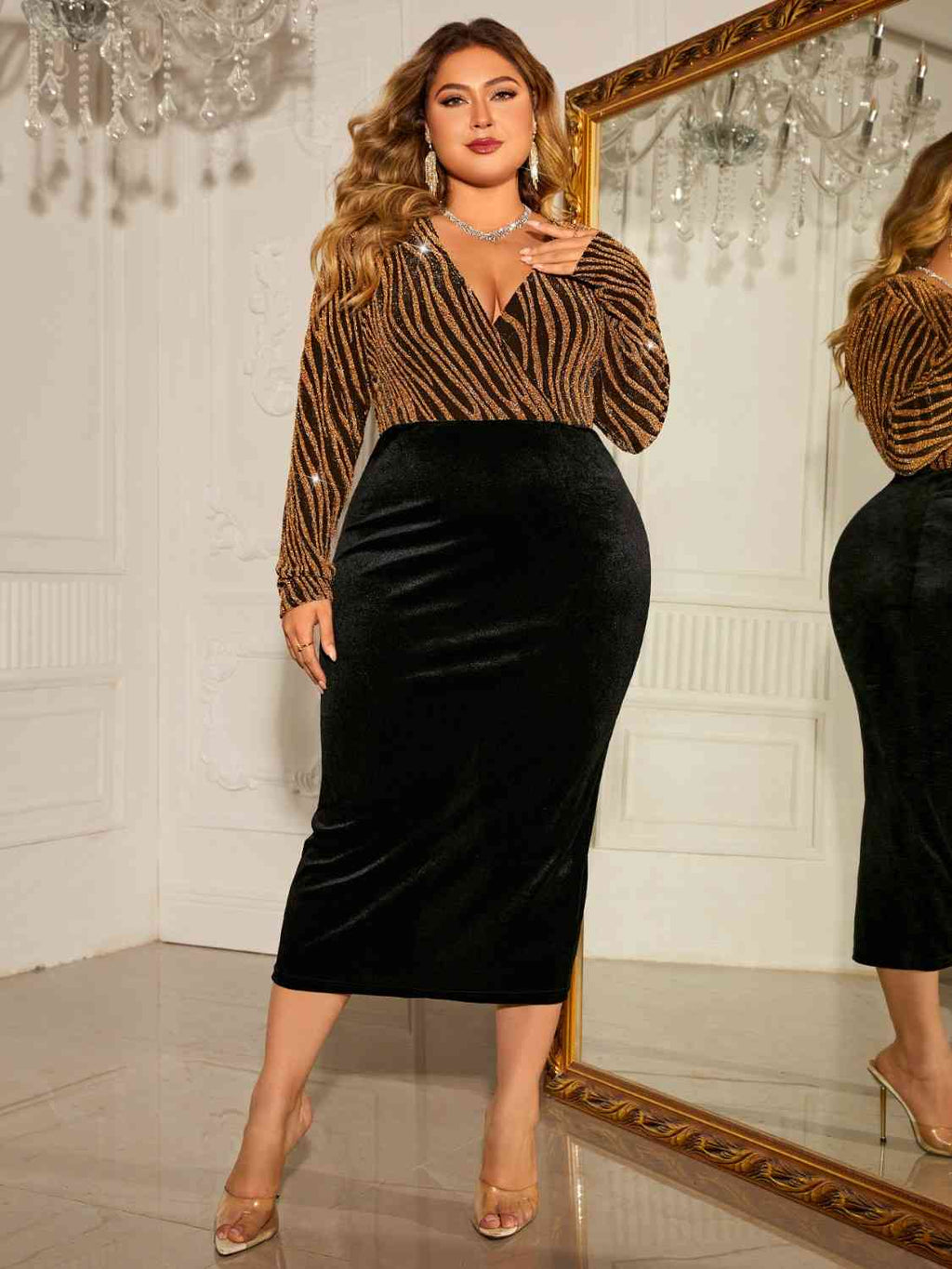 Honey Plus Size Surplice Long Sleeve Slit Dress