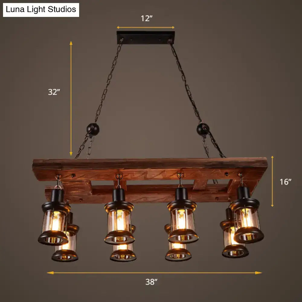 Farmhouse wood and black clear glass lantern kitchen island light
