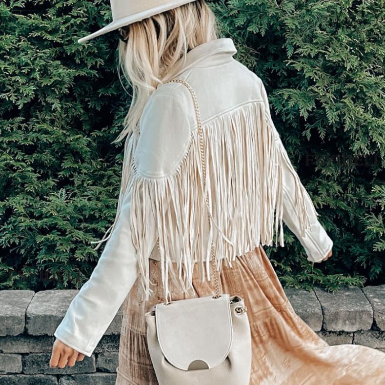 Women's Faux Suede Leather Fringe Jacket Motorcycle Moto Biker Open Front Tassel