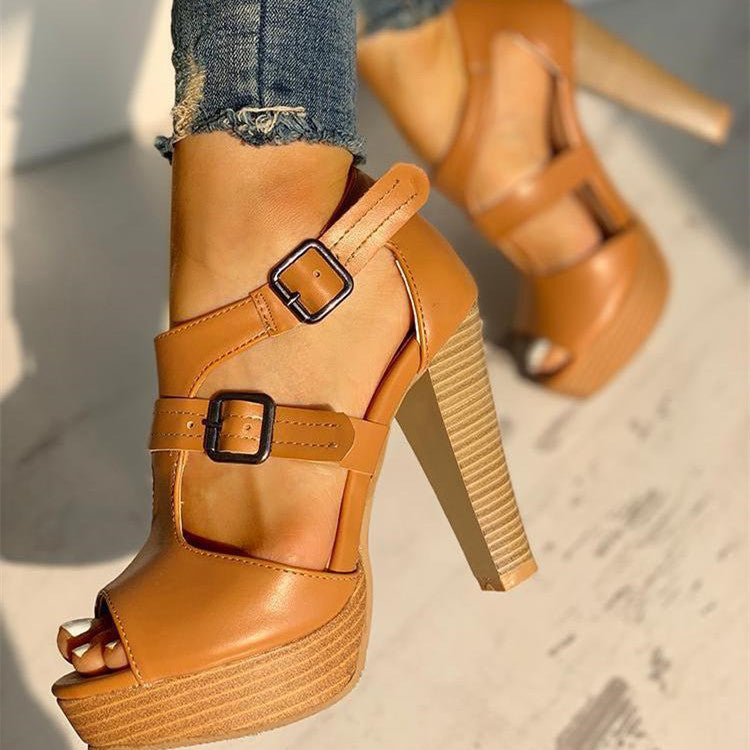 Women's Fashion All-match Fish Mouth Chunky High Heels