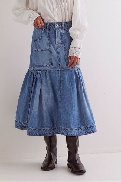 MUNSIEUR Bohemian Denim Midi Skirt - Luxury Flowy Skirt with Pockets for Women