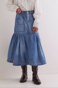 MUNSIEUR Bohemian Denim Midi Skirt - Luxury Flowy Skirt with Pockets for Women