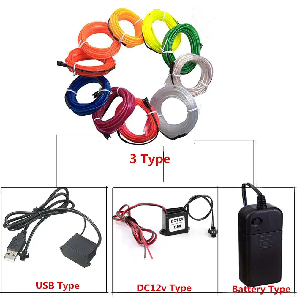 Flexible neon light el wire set for car and bedroom decor