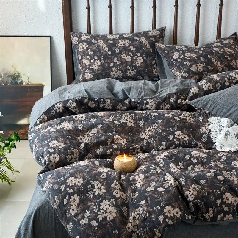 Floral beige & brown jacquard duvet cover set bedroom cotton bedding