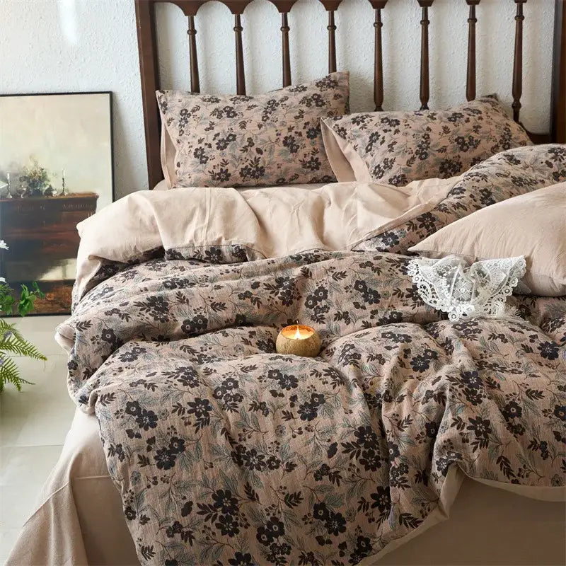 Floral beige & brown jacquard duvet cover set bedroom cotton bedding