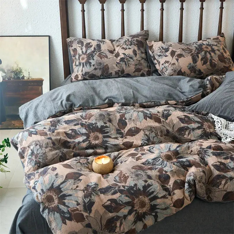 Floral beige & brown jacquard duvet cover set bedroom cotton bedding