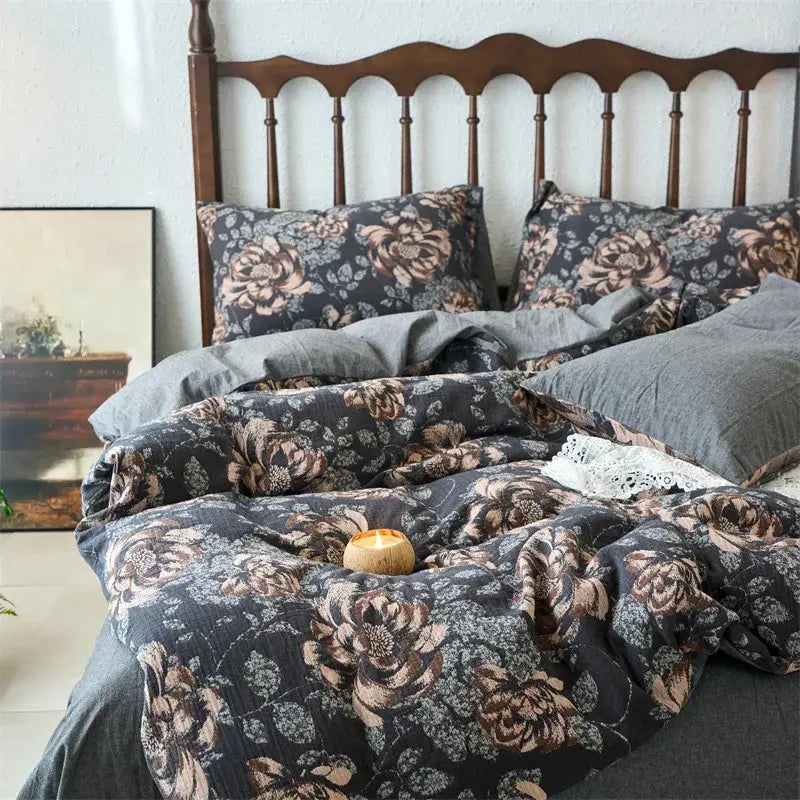 Floral beige & brown jacquard duvet cover set bedroom cotton bedding