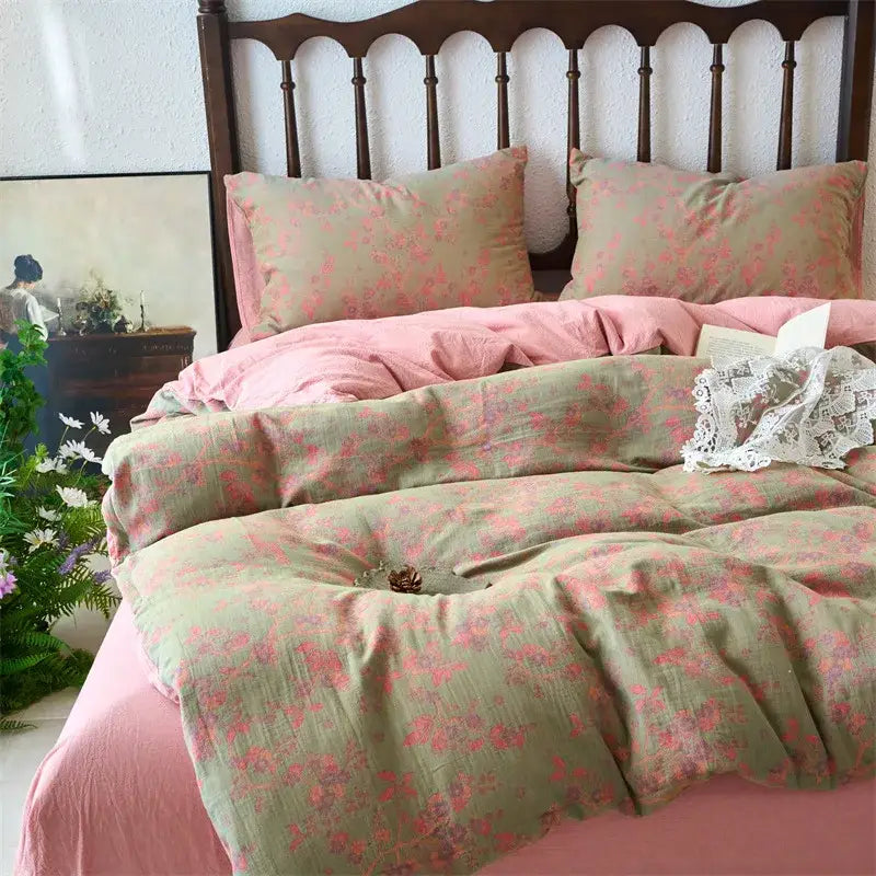 Floral beige & brown jacquard duvet cover set bedroom cotton bedding