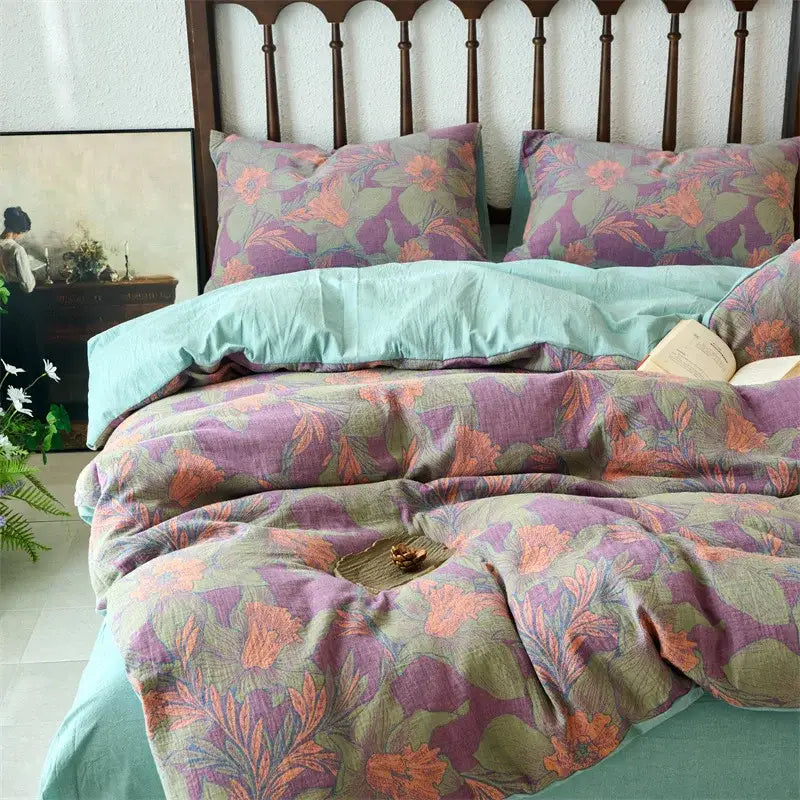 Floral beige & brown jacquard duvet cover set bedroom cotton bedding