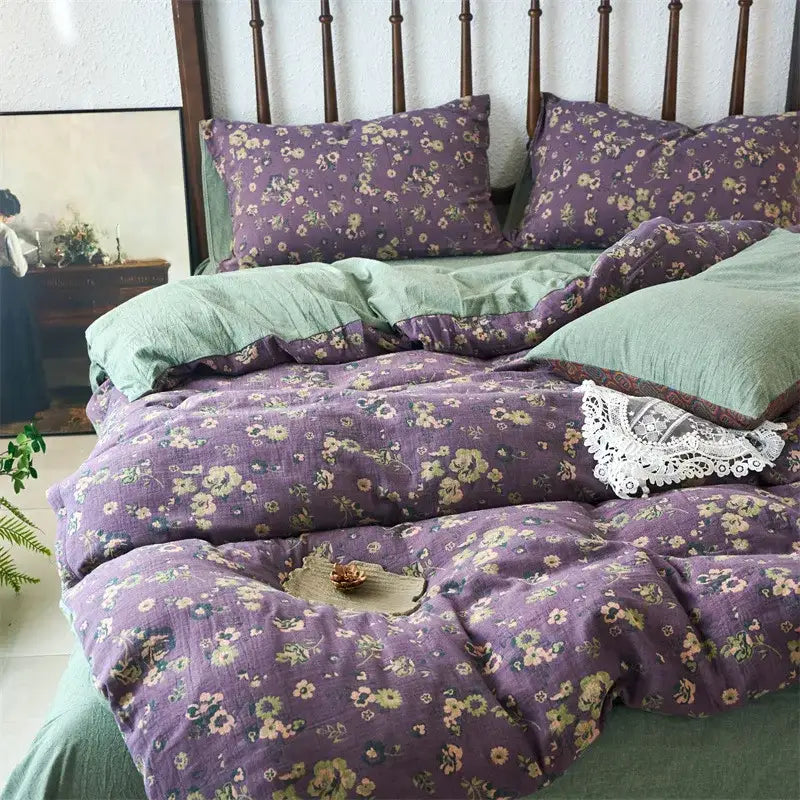 Floral beige & brown jacquard duvet cover set bedroom cotton bedding